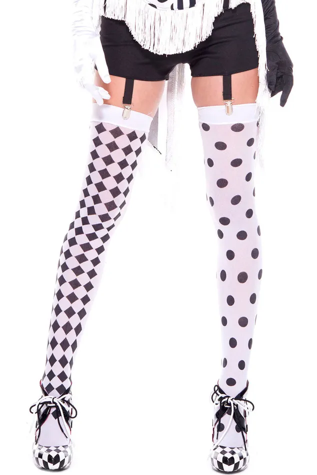 Music Legs Anal Diamond Design and Polka Dot Harlequin Thigh Hi White Black