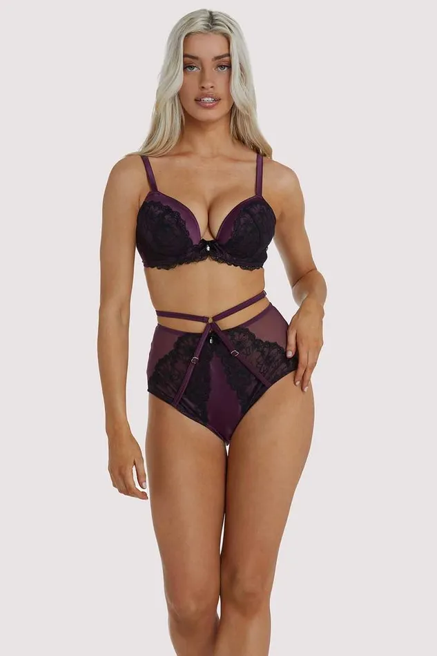 luxintenebrislingerie Vibrators Purple Satin and Black Lace Plunge Bra in Muriel